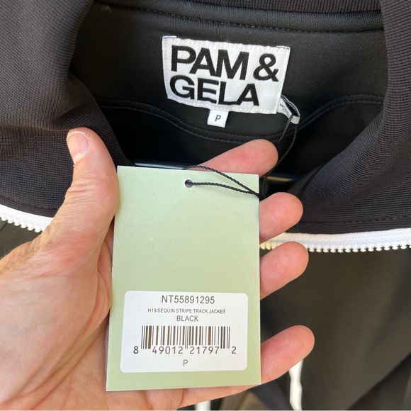 Pam & Gela Wm’s Sequined Stripe Zip Track Jacket In Black NWT Sz 0/XS - Picture 6 of 14